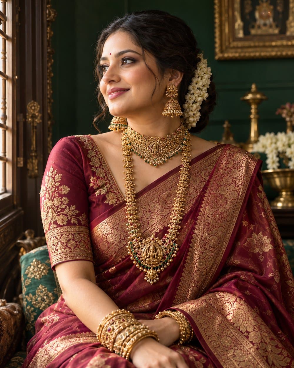 Indian bride wearing traditional gold necklaces, jhumkas and bangles