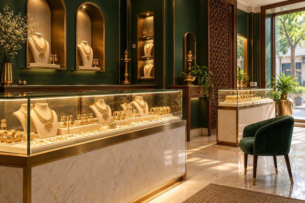 Illustrative emerald and gold jewellery showroom interior